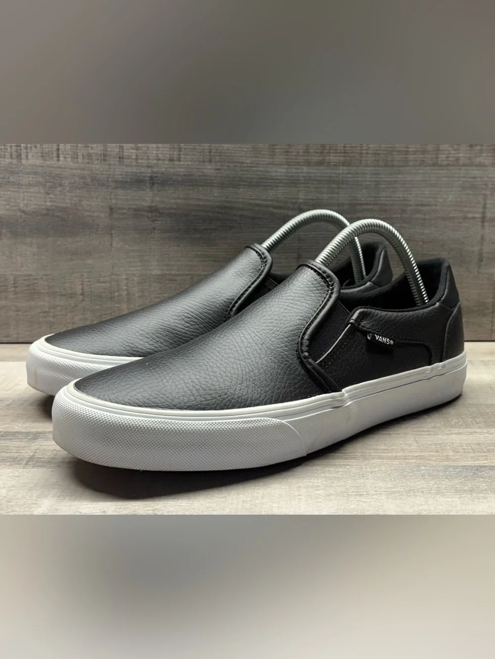 Vans Asher Deluxe Black Leather Slip-On Shoes Women’s Size 10 OrthoLite Mens 8.5